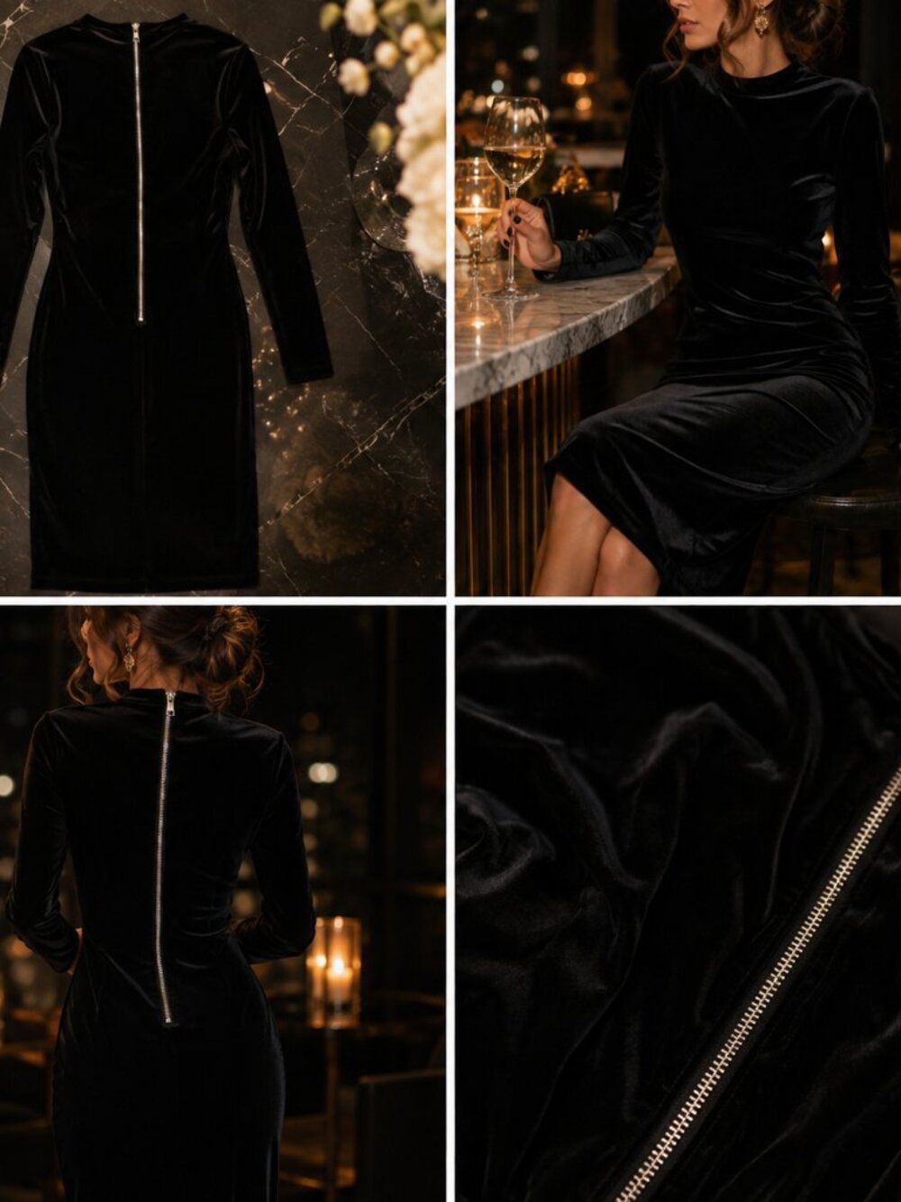 Stella Luce Black Velvet Bodycon Dress High Neck Long Sleeve